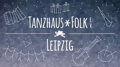 Logo des Tanzhaus*Folk e.V.  mit einem Hintergrund aus Sternzeichen, die Tanzende und Instrumente abbilden.