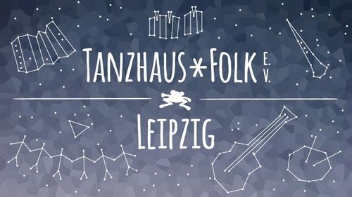 Logo des Tanzhaus*Folk e.V.  mit einem Hintergrund aus Sternzeichen, die Tanzende und Instrumente abbilden.